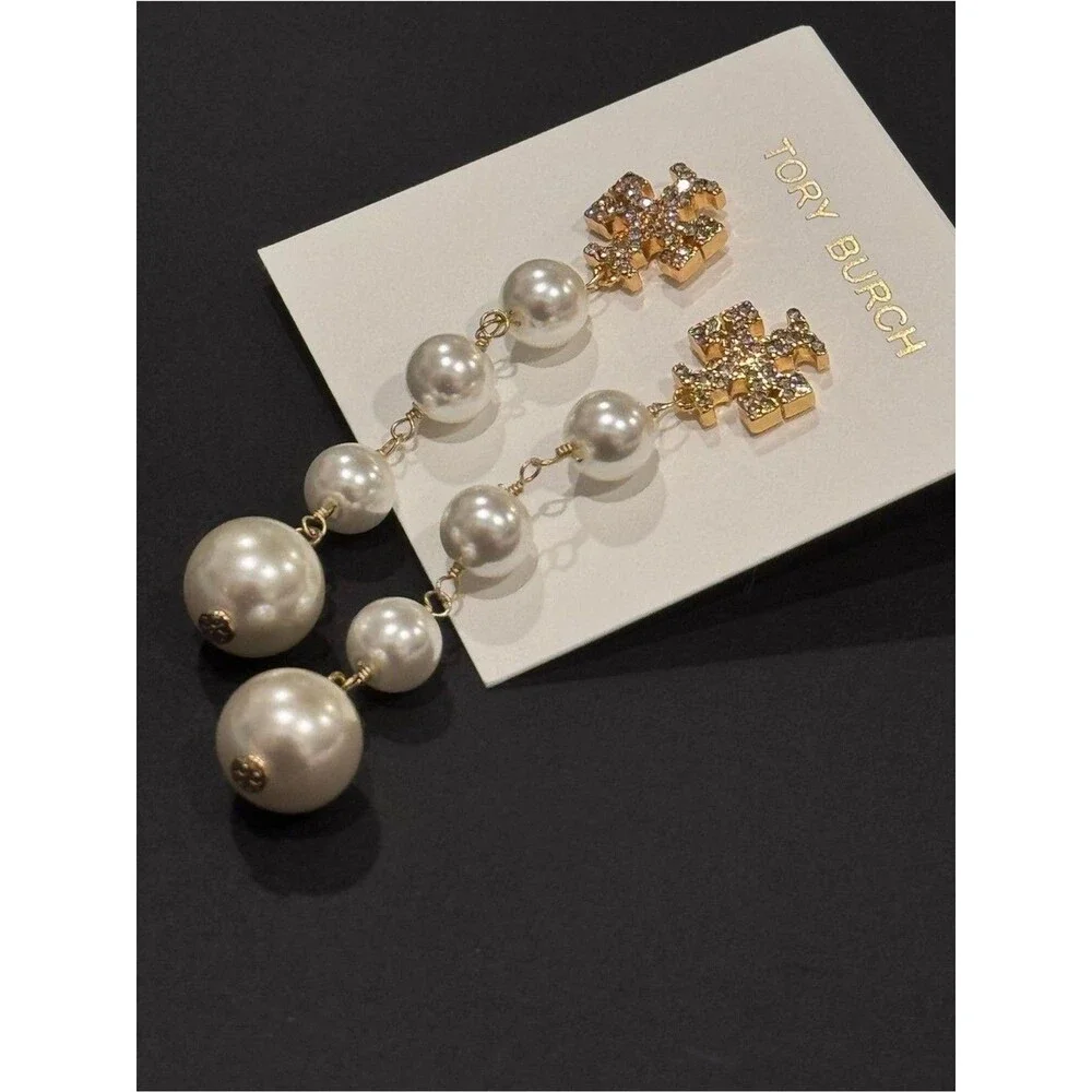 NWT Tory Burch Crystal Double T Logo Graduated Pearl Linear Drop Earrings 3